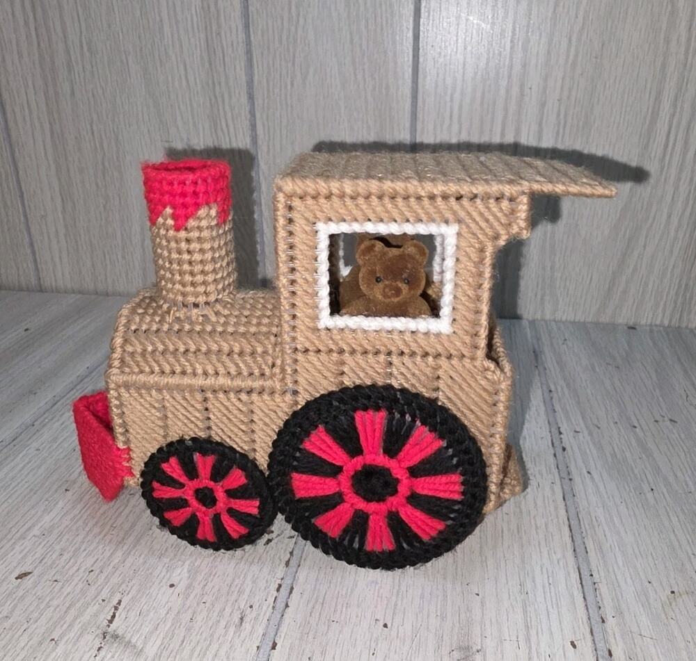 Vintage Plastic Canvas Needlepoint Christmas Train Engine Bear Conductor Decor